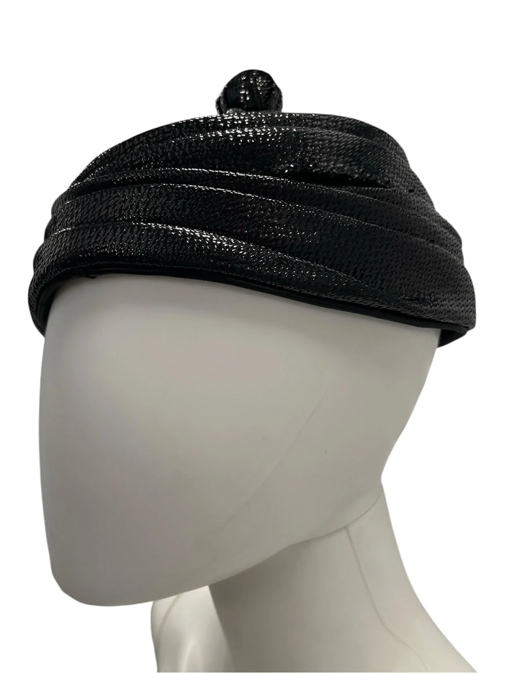 Vintage Black Patent Knit Pom-Pom Turban Hat